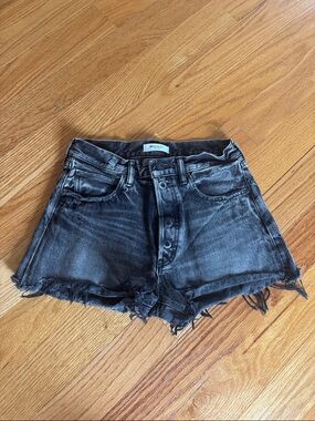 Moussy Washed Black Denim Cutoff Shorts with Frayed Hem